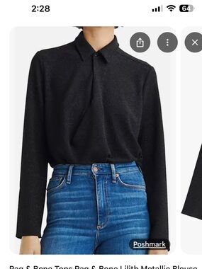 rag & bone metallic Black Long-Sleeve Collared Blouse